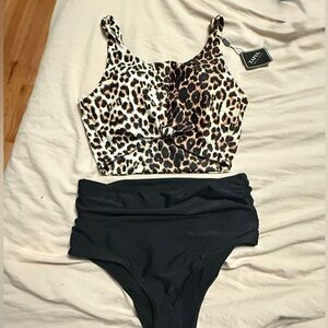 Zaful Leopard Print Bikini with Black High-Waisted Bottoms